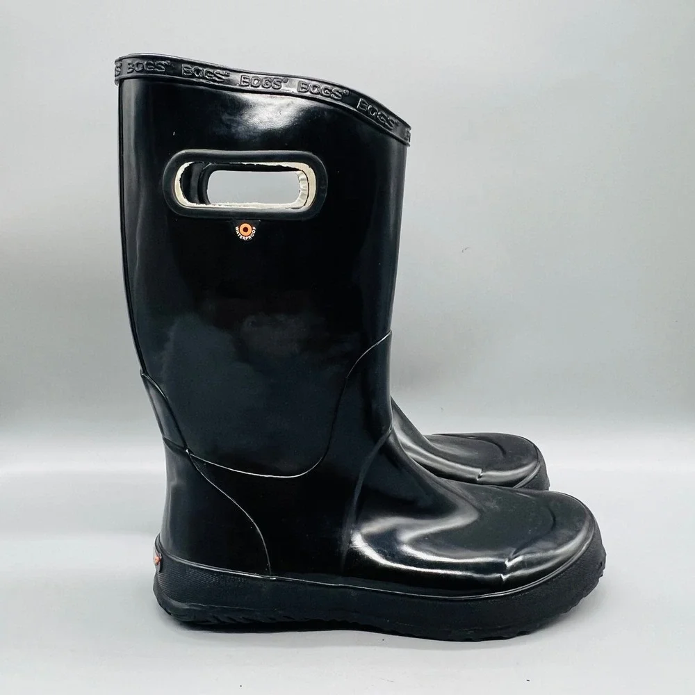 Bogs Boots Youth 6 Black Rubber Patent Waterproof Tall Pull On Handle Rain Shoes
